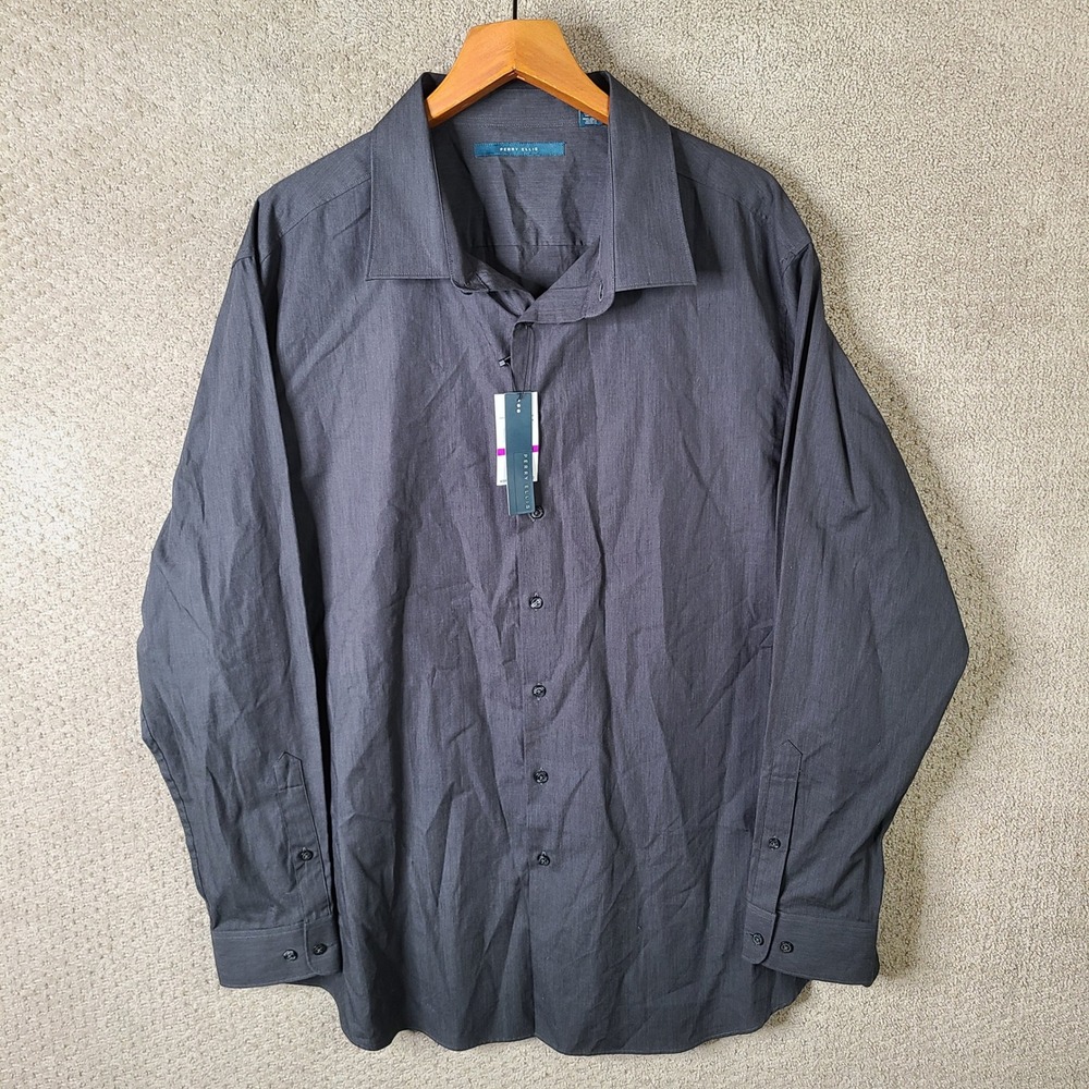 Perry Ellis Shirt Mens 2X Gray Button Down Cotton Long Sleeve Casual NEW